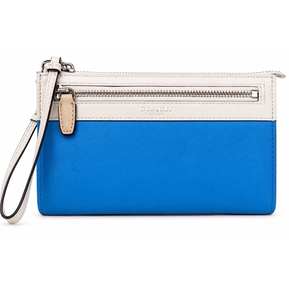 Coach Blue White Leather Wristlet Wallet Clutch Silver Hardware